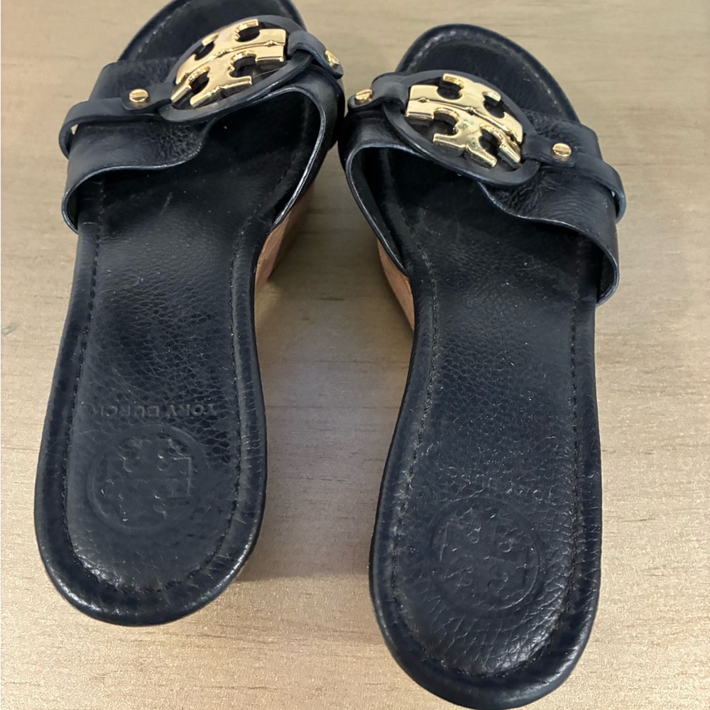 Tory Burch Black and Gold Slide Sandals